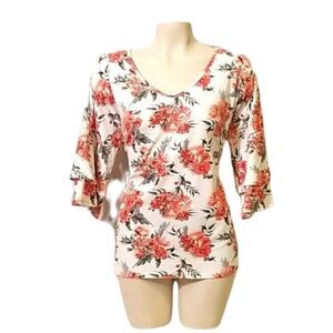 Kristen Nicole Bell Sleeve Floral Roses Print Knit Top Sz Large